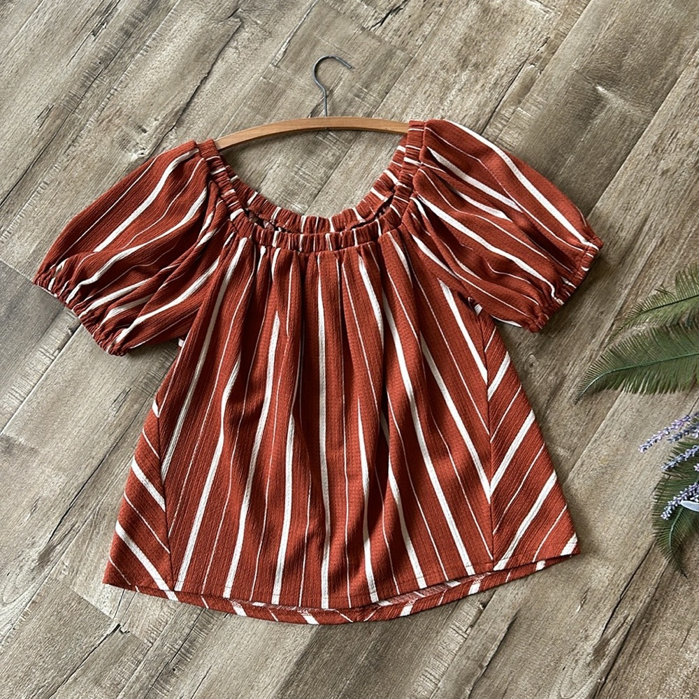 Anthropologie Swing Off The Shoulder terracotta and cream textured Striped Top